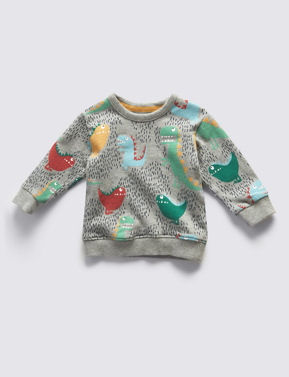Pure Cotton Dinosaur Print Sweatshirt Image 1 of 2