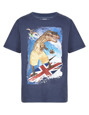 Pure Cotton Dinosaur Surfing T-Shirt Image 2 of 3