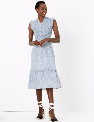 Pure Cotton Ditsy Floral Midi Waisted Dress, M&S Collection