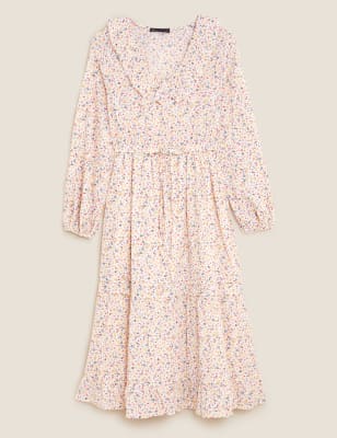 Pure Cotton Ditsy Floral Midi Waisted Dress