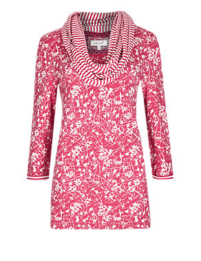 Pure Cotton Ditsy Floral Tunic with Detachable Striped Scarf Image 2 of 6