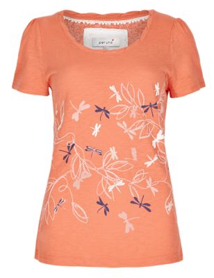 Pure Cotton Dragonfly Embroidered T-Shirt Image 2 of 5