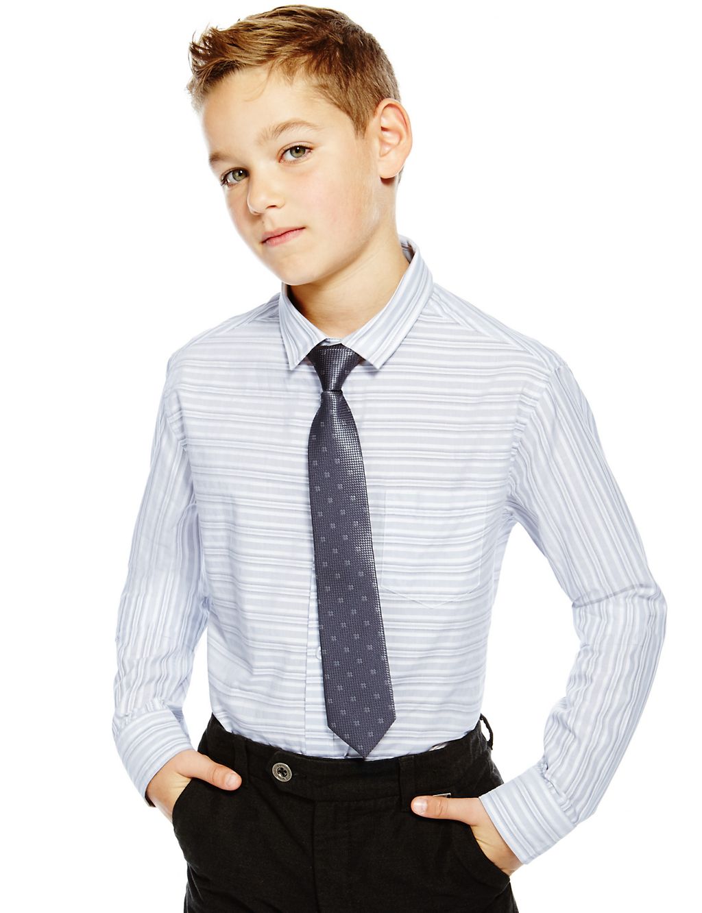 Pure Cotton Easy to Iron Striped Shirt with Tie (5-14 Years) 3 of 3