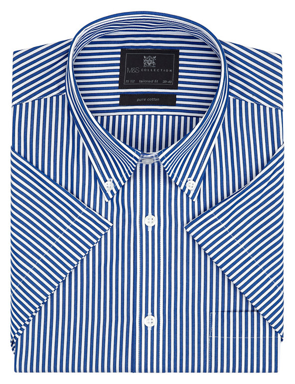 Pure Cotton Easy to Iron Tailored Fit Short Sleeve Striped Shirt Image 1 of 1