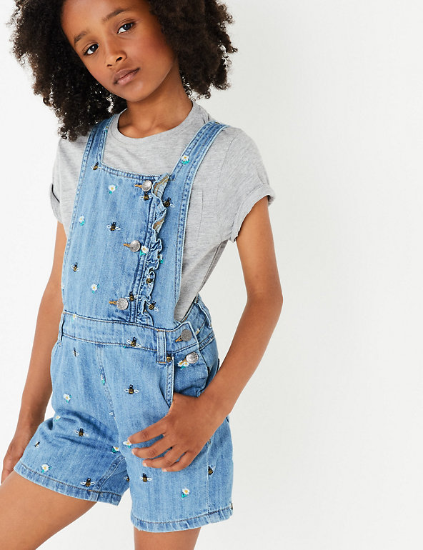 Pure Cotton Embellished Denim Short Dungarees (3-16 Years) | M&S