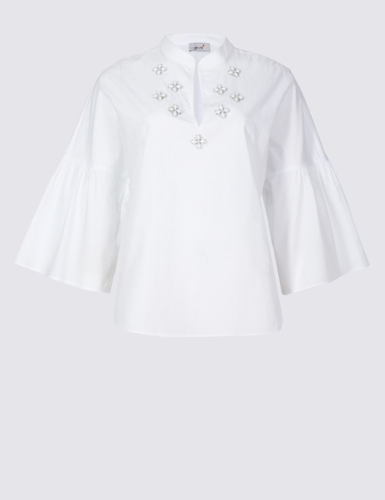 Pure Cotton Embellished Flared Sleeve Blouse 2 of 4