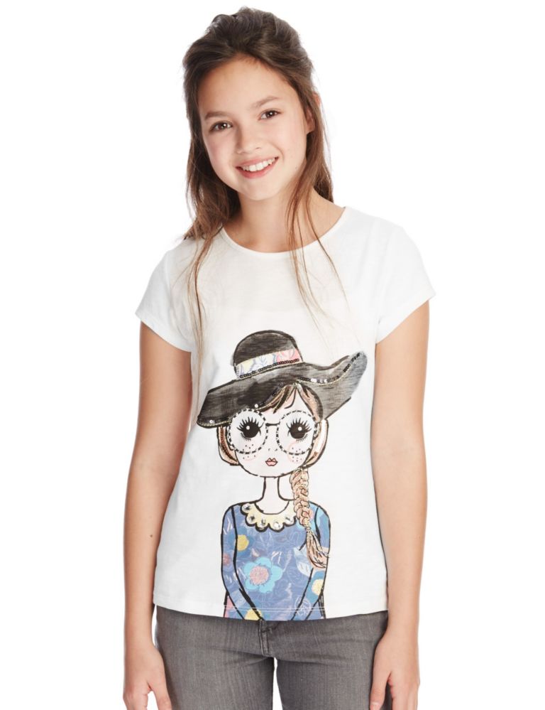 Pure Cotton Embellished Girl Print T-Shirt (5-14 Years) 1 of 3
