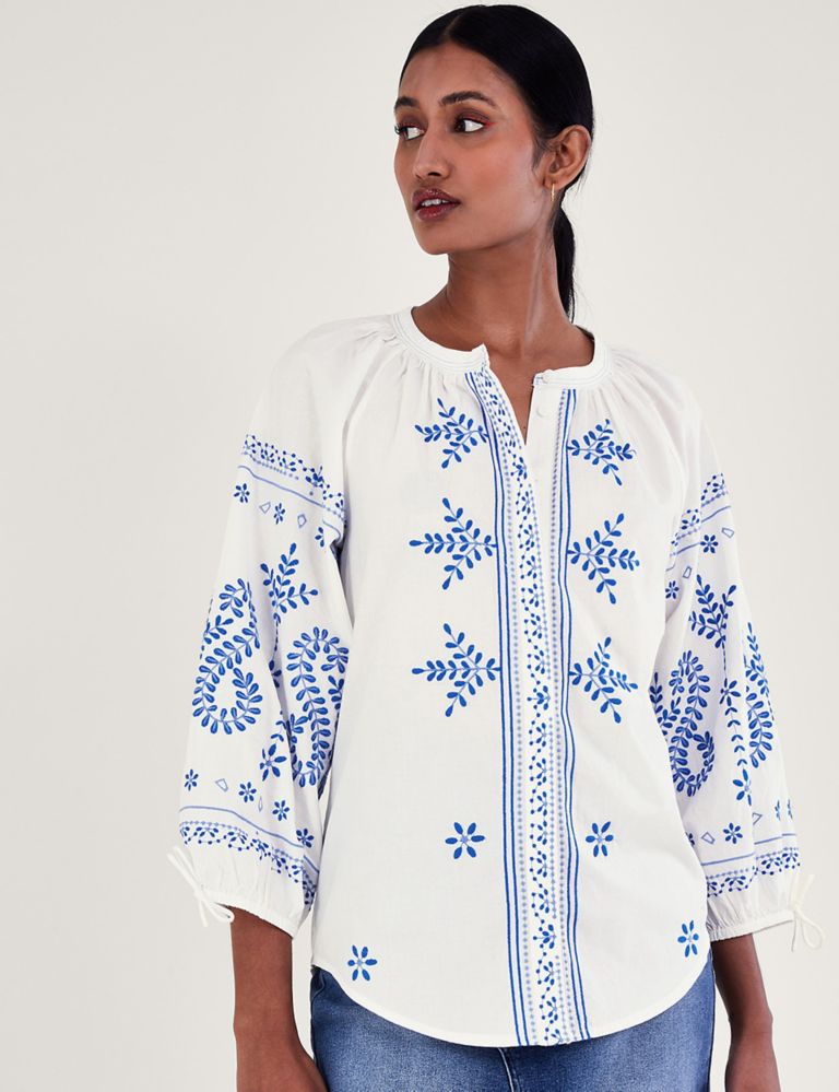 Pure Cotton Embroidered Blouson Sleeve Top 1 of 5