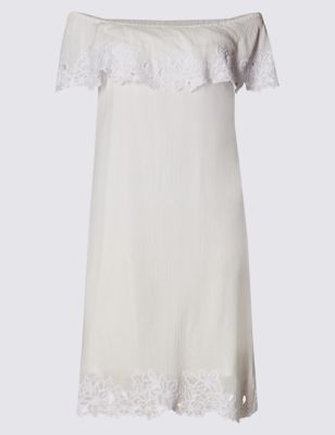 Pure Cotton Embroidered Cold Shoulder Shift Dress Image 2 of 3