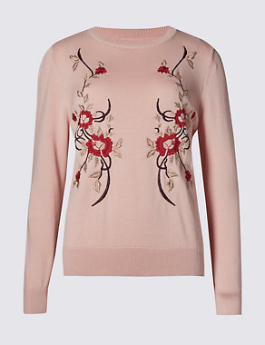 Pure Cotton Embroidered Crew Neck Jumper Image 2 of 4