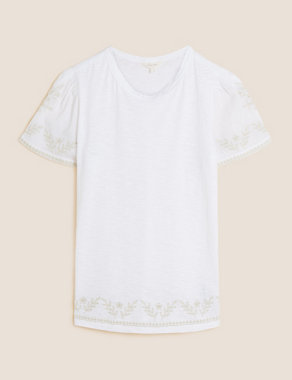 Pure Cotton Embroidered Crew Neck T-Shirt Image 2 of 5