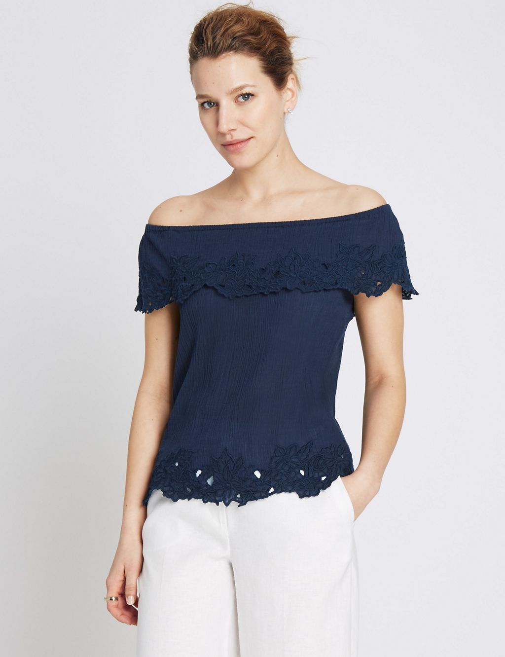 Pure Cotton Embroidered Cutwork Bardot Blouse | M&S Collection | M&S