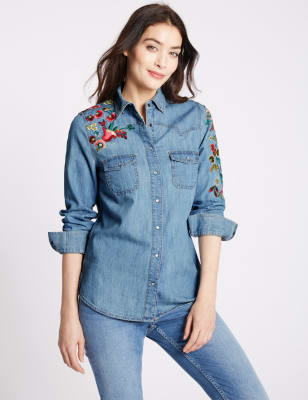 Dkny Jeans Women's Cotton Embroidered-Logo Shirt