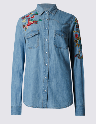 Pure Cotton Embroidered Denim Shirt, M&S Collection