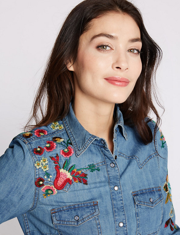 Pure Cotton Embroidered Denim Shirt, M&S Collection