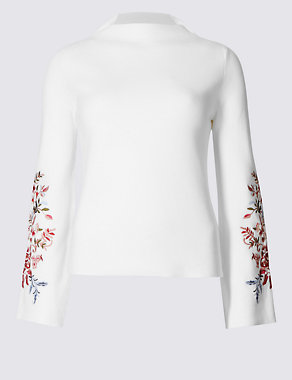 Pure Cotton Embroidered Funnel Neck Jumper Image 2 of 4
