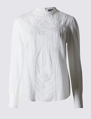 Pure Cotton Embroidered Long Sleeve Blouse Image 2 of 4