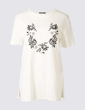 Pure Cotton Embroidered Longline T-Shirt Image 2 of 5