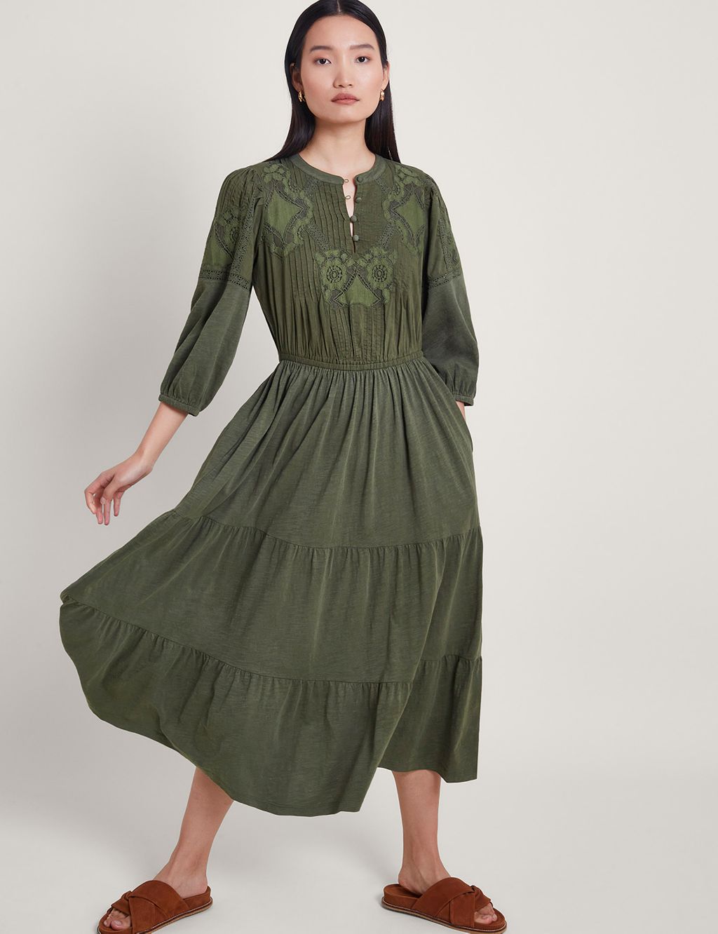 Pure Cotton Embroidered Midi Tiered Tea Dress 3 of 4