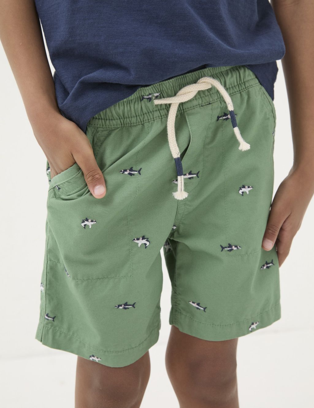 Pure Cotton Embroidered Shark Shorts (3-13 Yrs) 2 of 4