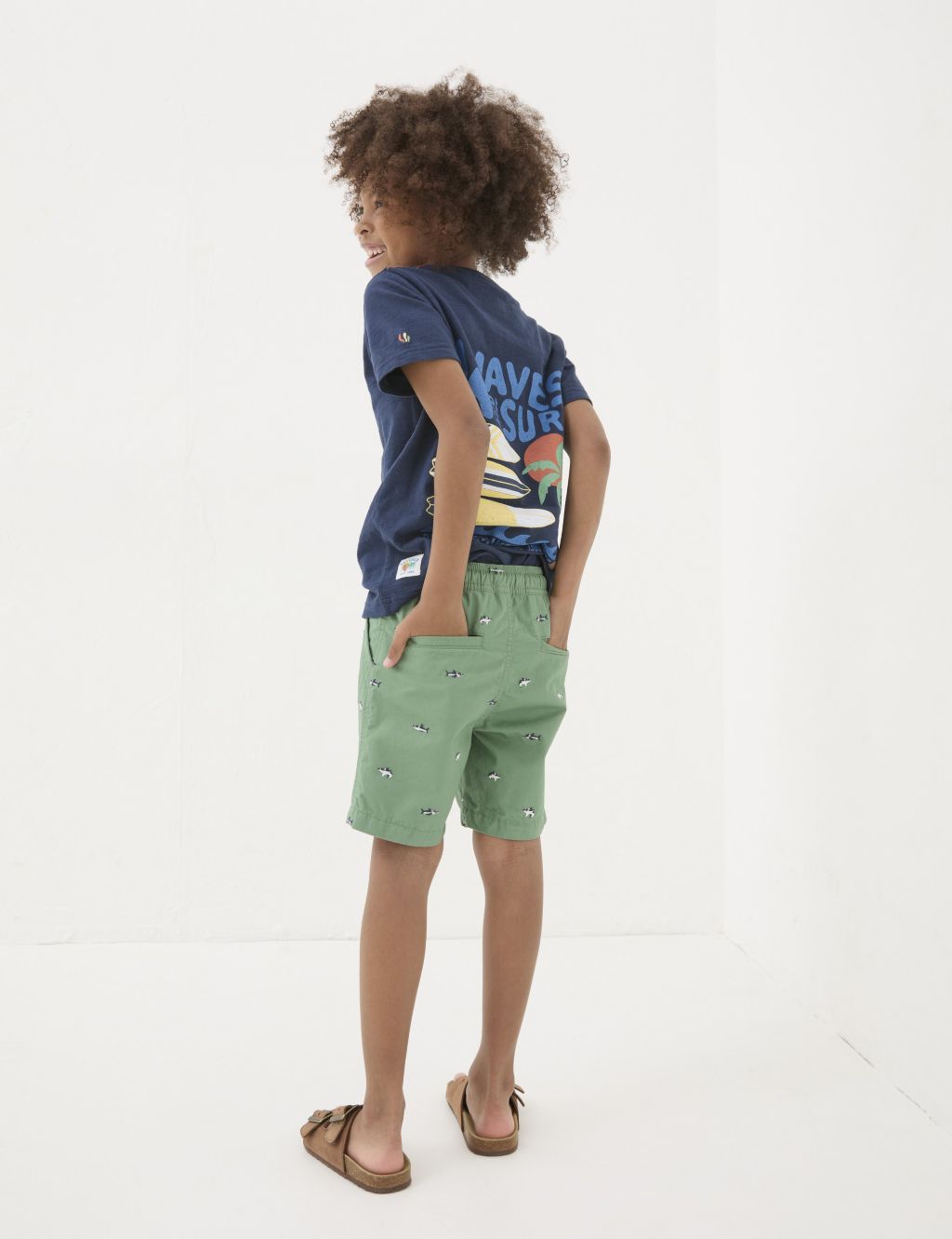 Pure Cotton Embroidered Shark Shorts (3-13 Yrs) 4 of 4