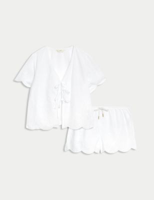Pure Cotton Embroidered Shortie Set Image 2 of 6