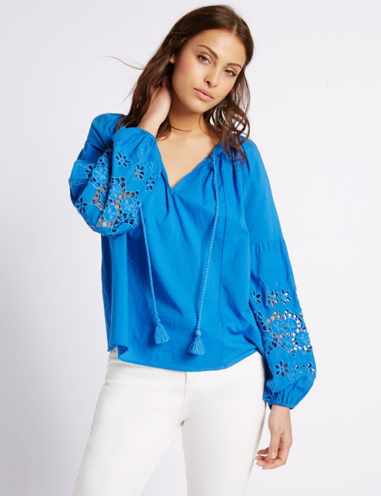Pure Cotton Embroidered Sleeve Blouse 1 of 5