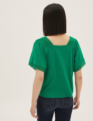 Pure Cotton Embroidered Square Neck Top