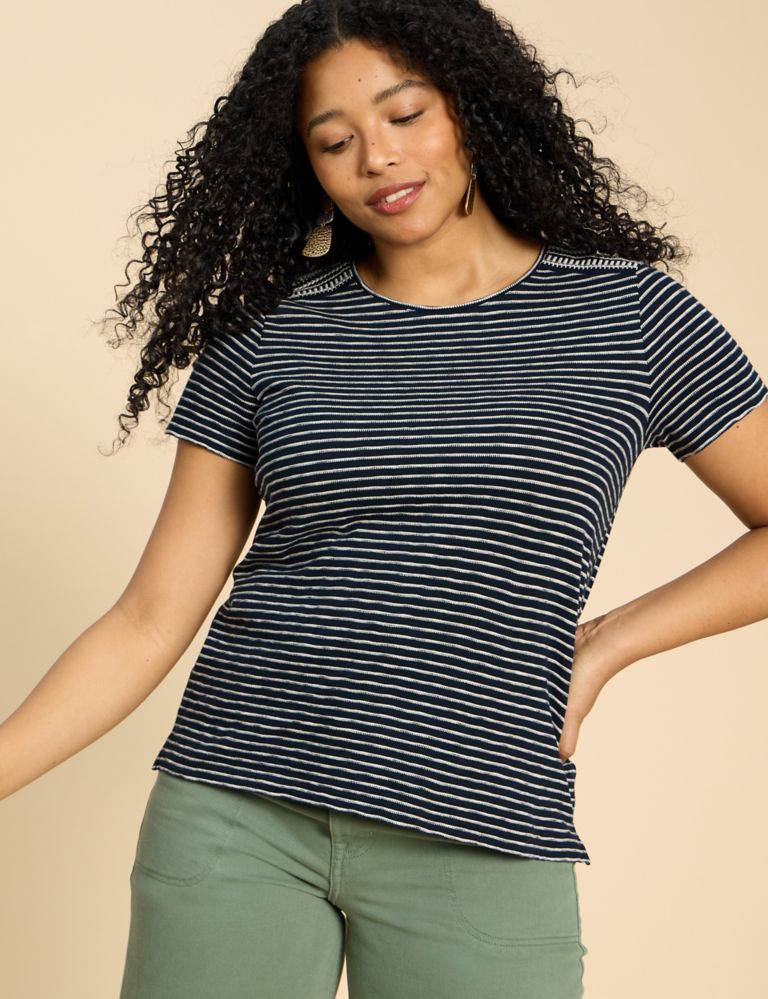 Pure Cotton Embroidered Striped T-Shirt 1 of 6