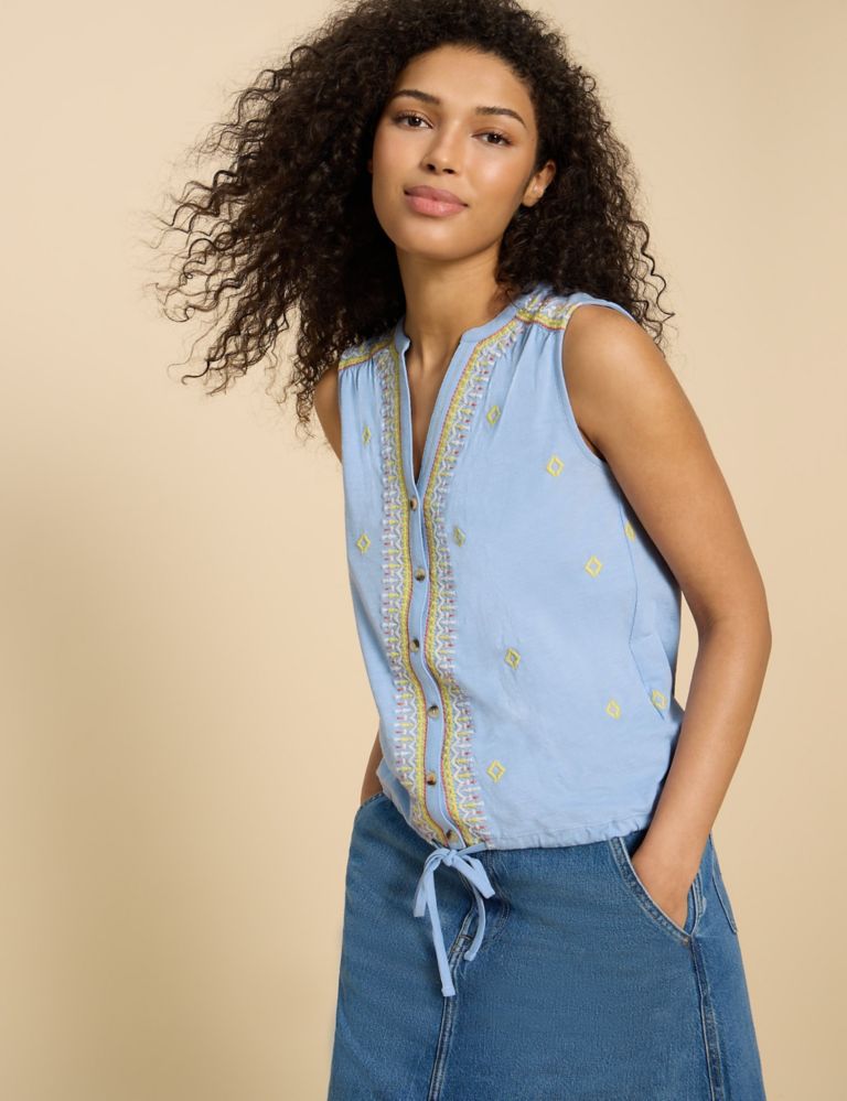Pure Cotton Embroidered Tie Front Shirt 1 of 6
