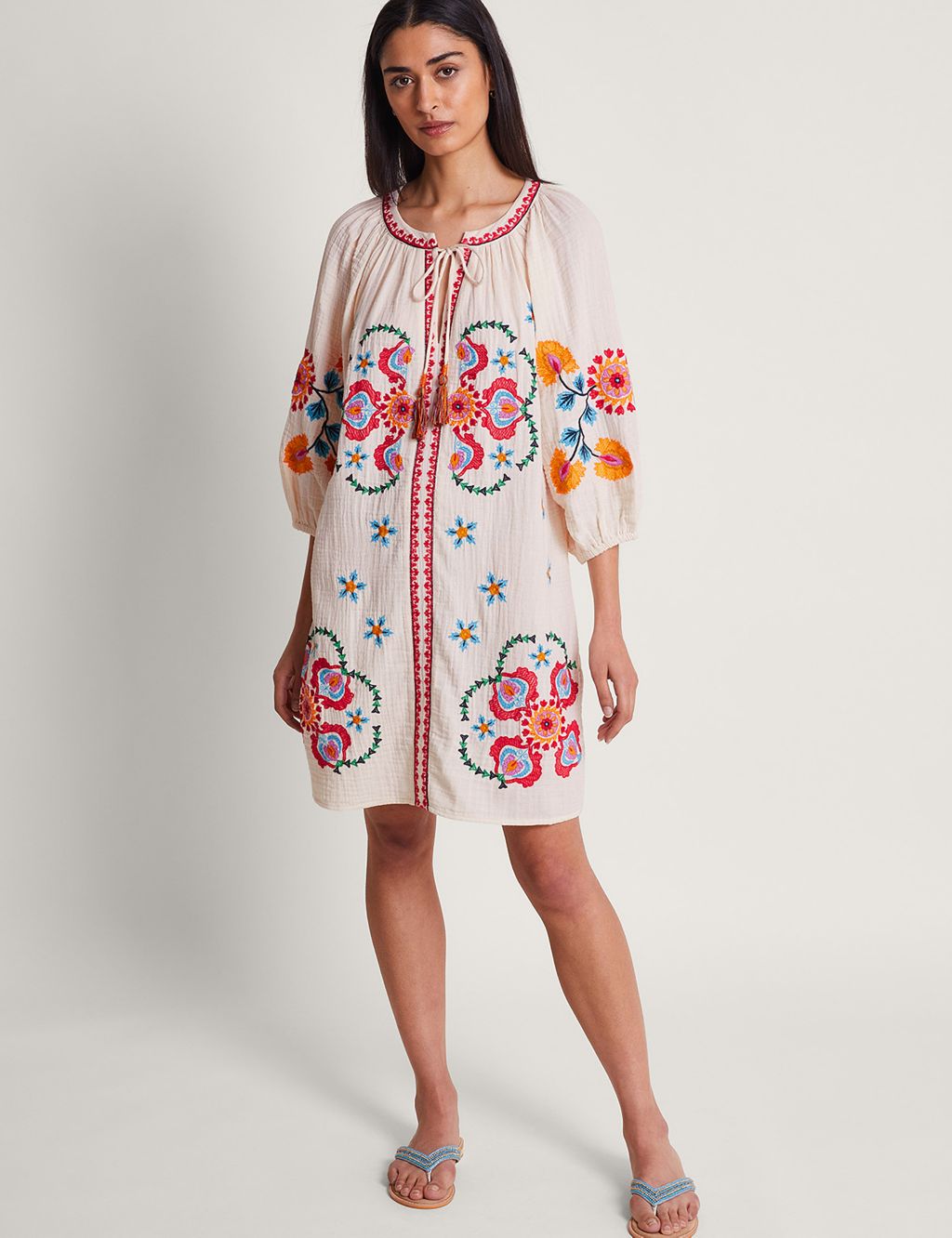 Pure Cotton Embroidered Tie Neck Kaftan 3 of 5