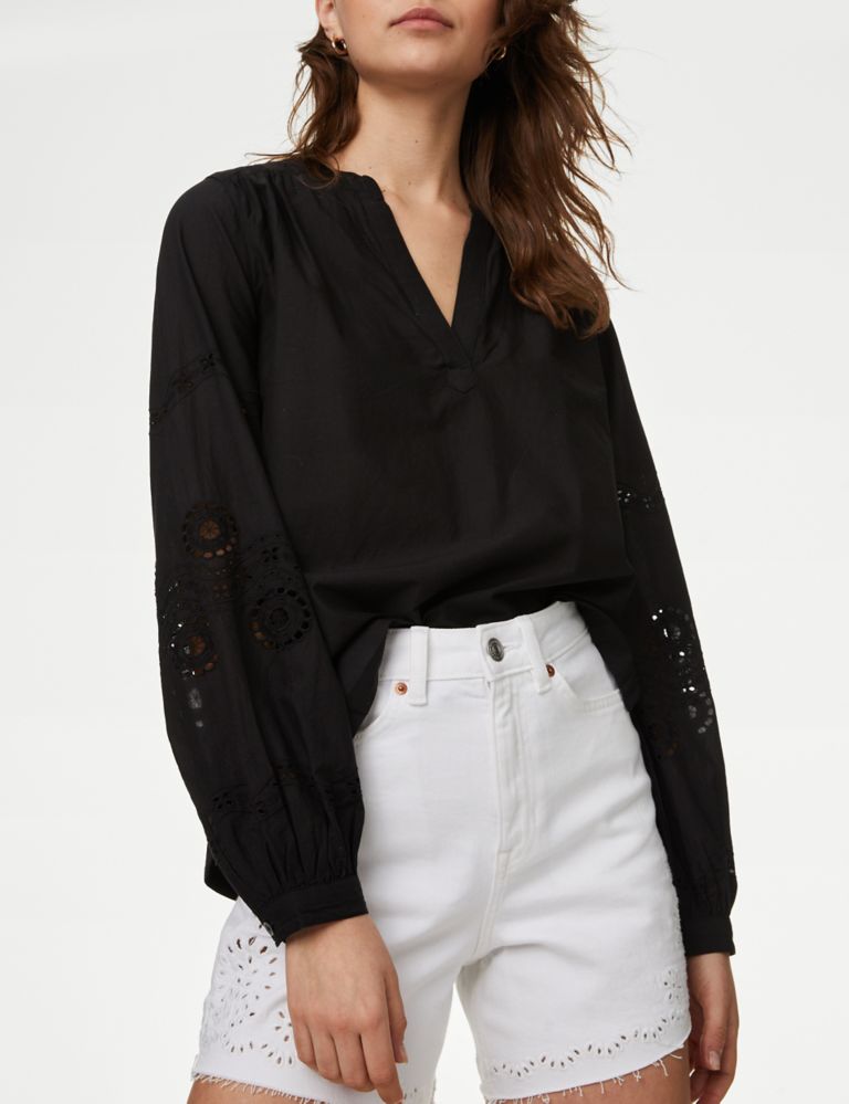 Pure Cotton Embroidered V-Neck Blouse 5 of 6