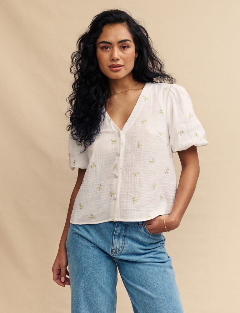 Pure Cotton Embroidered V-Neck Blouse 2 of 5