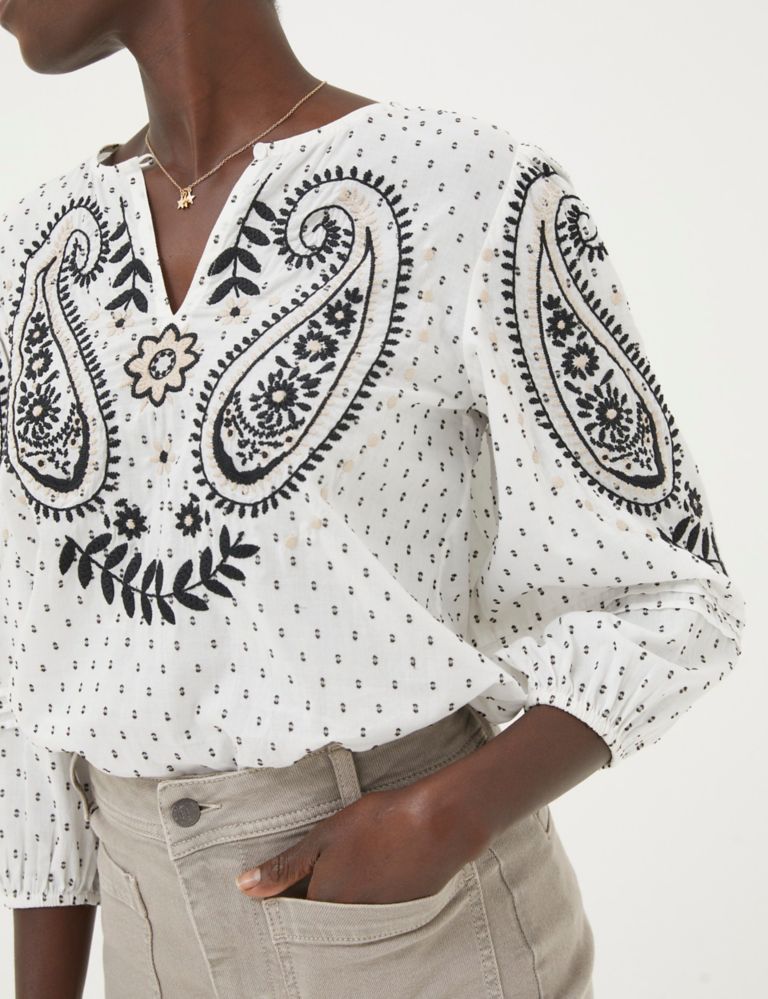 Pure Cotton Embroidered V-Neck Blouse 4 of 6