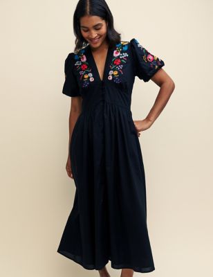 Pure Cotton Embroidered V-Neck Midaxi Dress Image 2 of 6