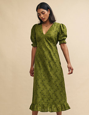 Pure Cotton Embroidered V-Neck Midaxi Dress Image 2 of 4