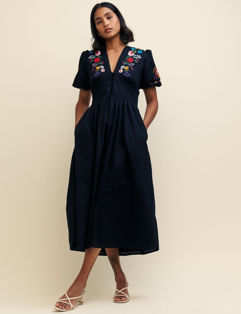 Pure Cotton Embroidered V-Neck Midaxi Dress 1 of 6