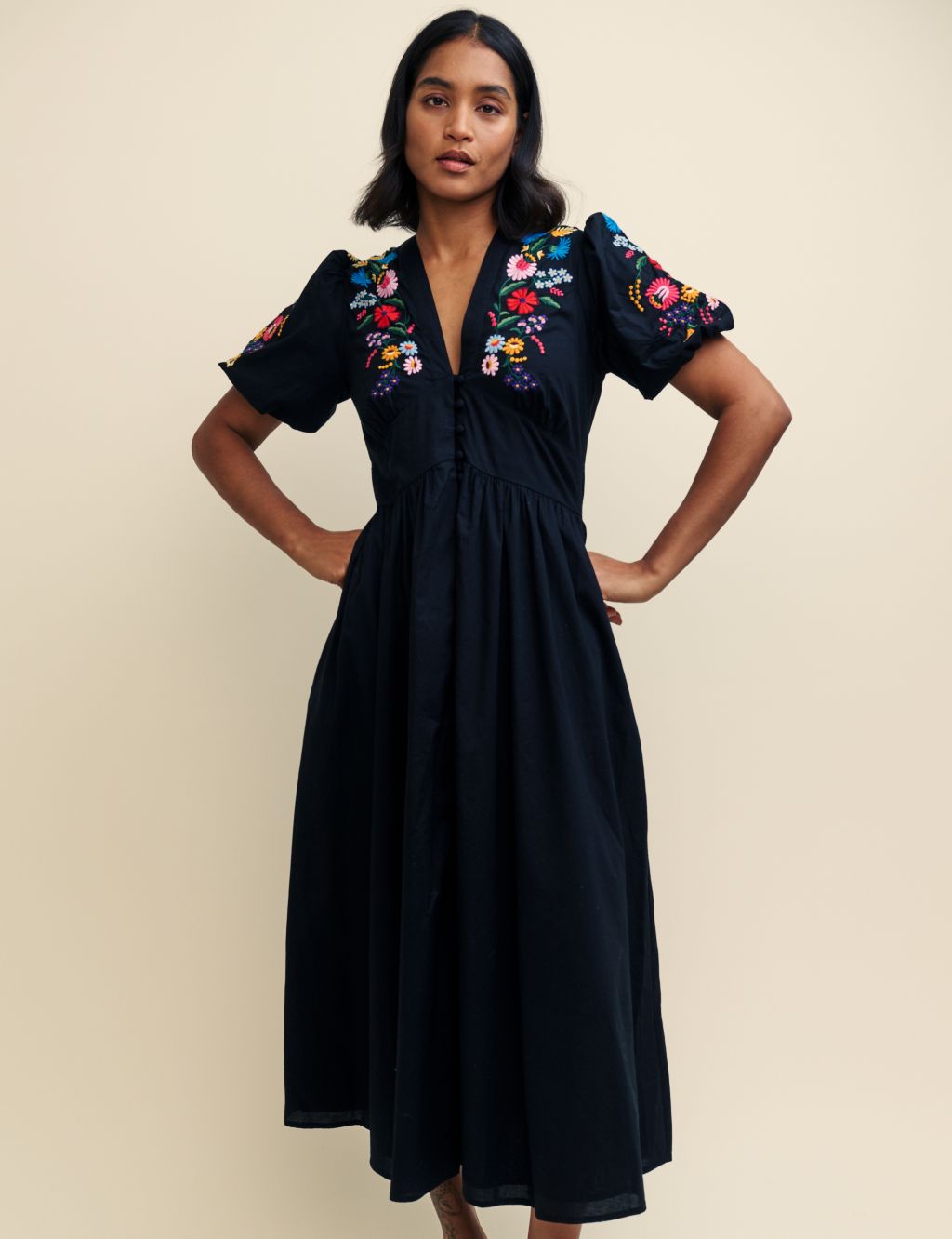 Pure Cotton Embroidered V-Neck Midaxi Dress 2 of 6