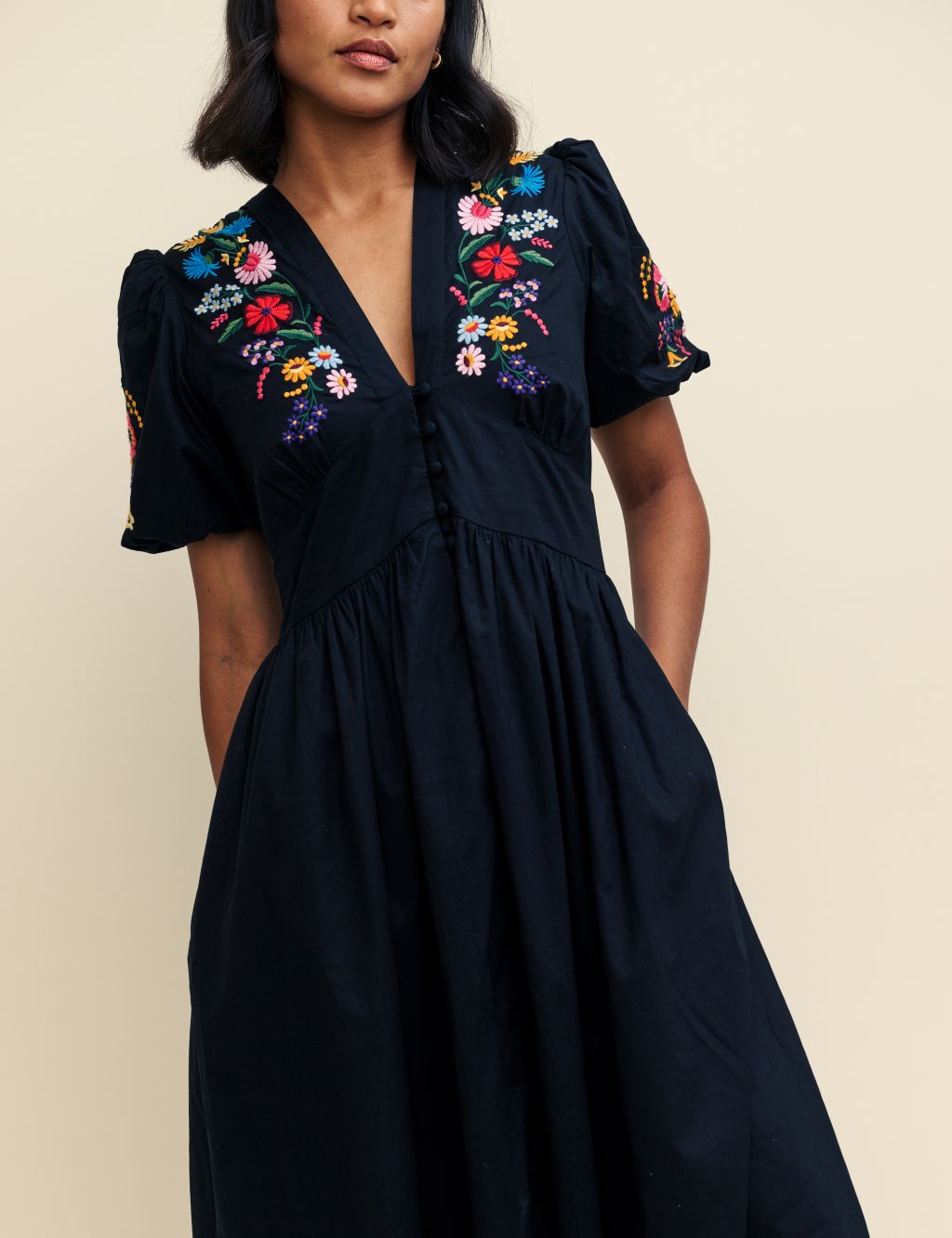 Pure Cotton Embroidered V-Neck Midaxi Dress 4 of 6