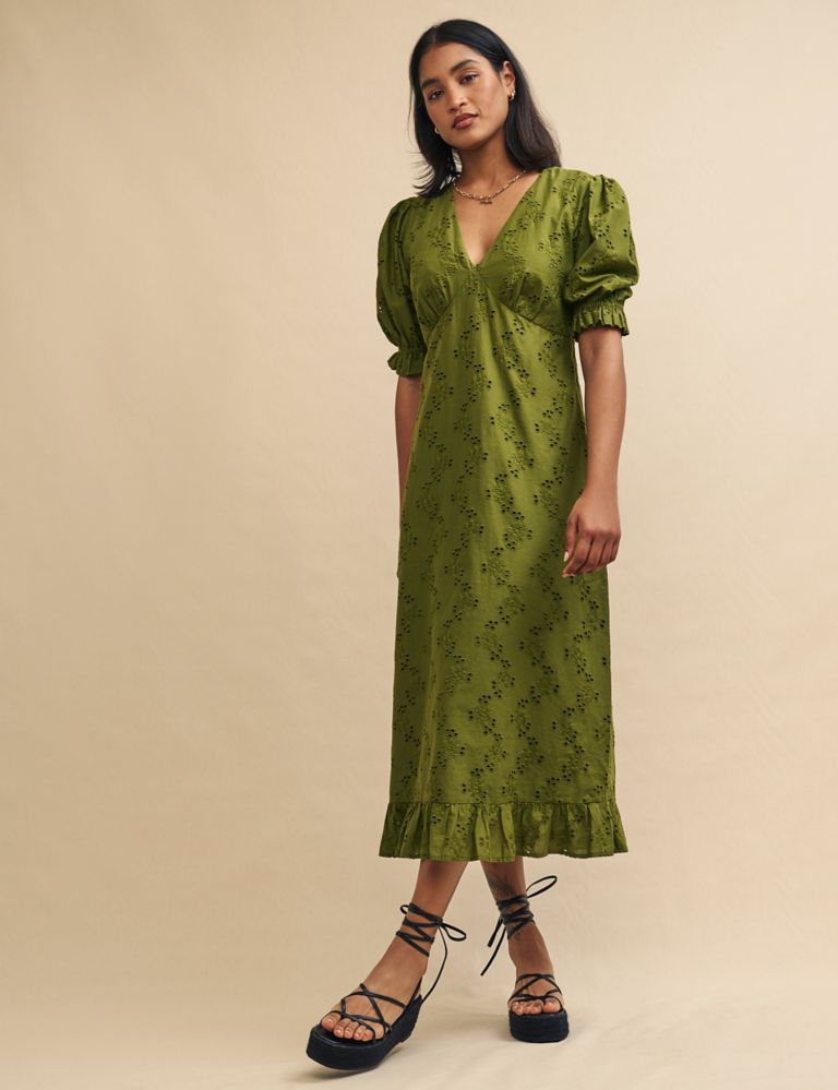 Pure Cotton Embroidered V-Neck Midaxi Dress 1 of 4