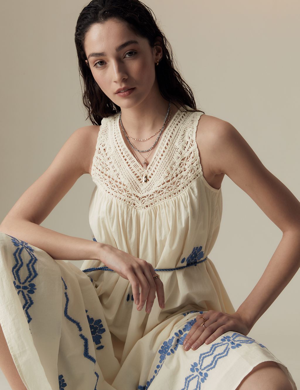Pure Cotton Embroidered V-Neck Midi Dress 2 of 6