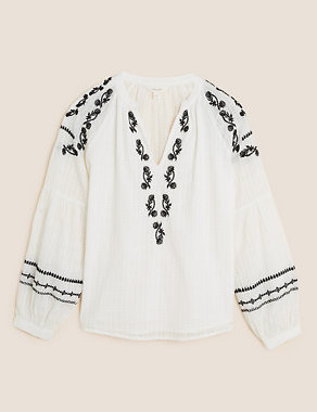 Pure Cotton Embroidered V-Neck Tunic Image 2 of 7