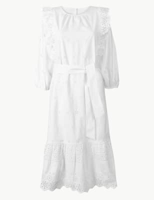 Pure Cotton Embroidered Waisted Midi Dress, M&S Collection