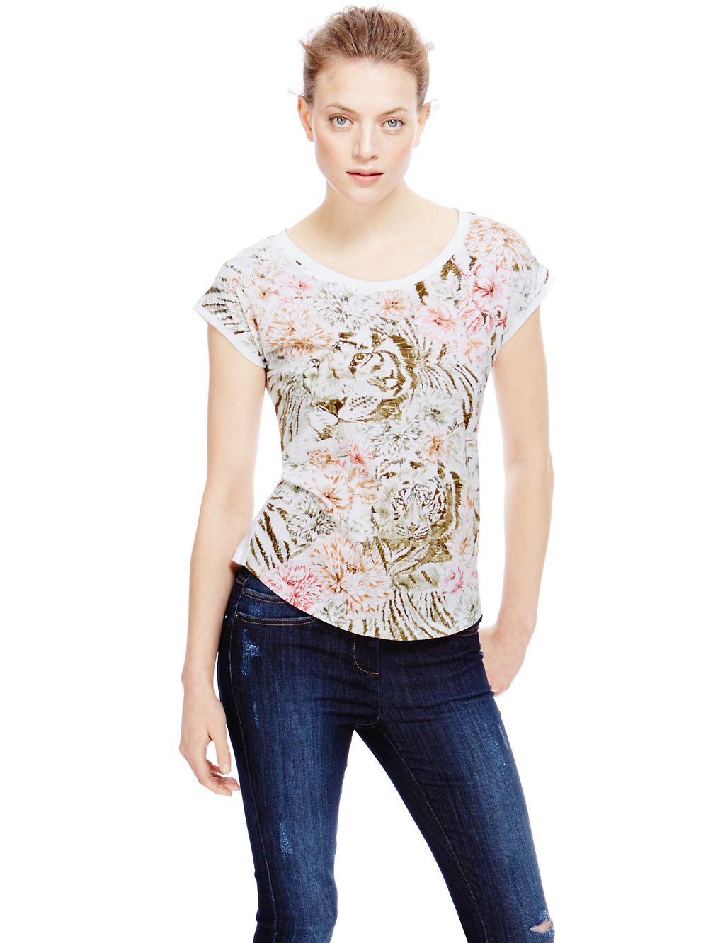Pure Cotton Floral & Tiger Print T-Shirt 2 of 4