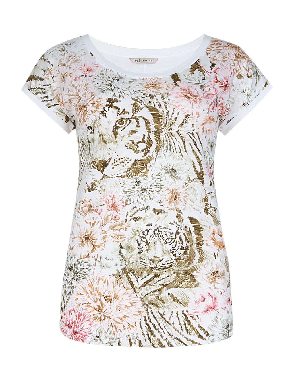 Pure Cotton Floral & Tiger Print T-Shirt 1 of 4