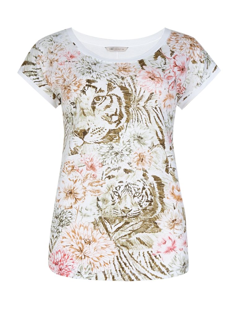 Pure Cotton Floral & Tiger Print T-Shirt 3 of 4