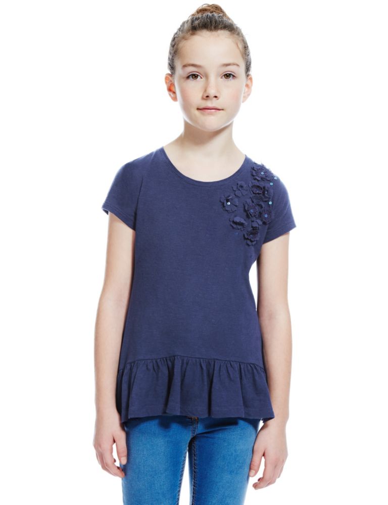 Pure Cotton Floral Appliqué Peplum T-Shirt with StayNEW™ (5-14 Years) 1 of 3