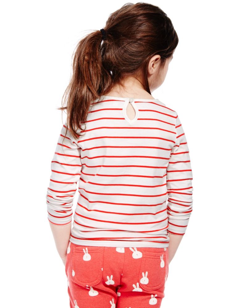 Pure Cotton Floral Appliqué Striped T-Shirt with StayNEW™ (1-7 Years) 3 of 3