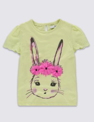 Pure Cotton Floral Appliqué Rabbit Print T-Shirt (1-7 Years) Image 2 of 3