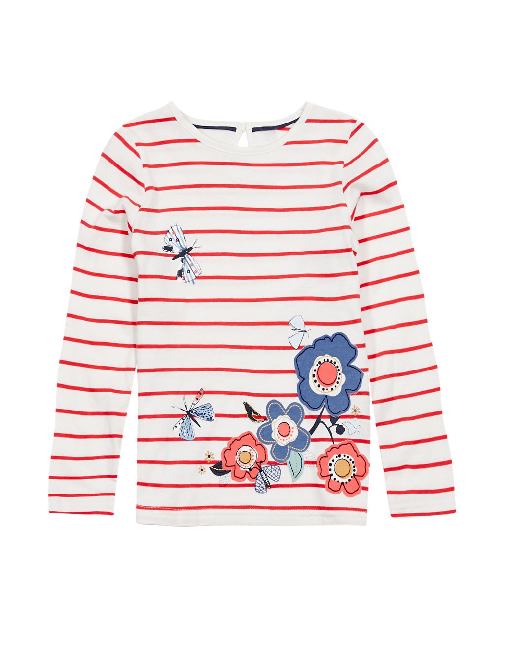 Pure Cotton Floral Appliqué Striped T-Shirt with StayNEW™ (1-7 Years) 1 of 3